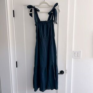 Navy Cotton Midi Dress with Tie Shoulder Straps
